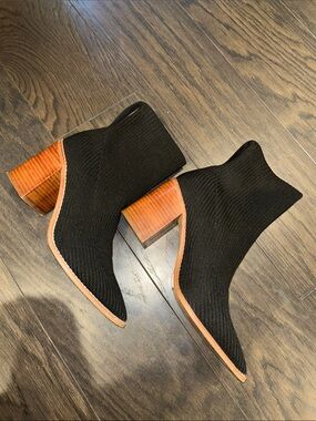 Steven Black Knit Sock Ankle Booties with Brown Wood-Effect Block Heel